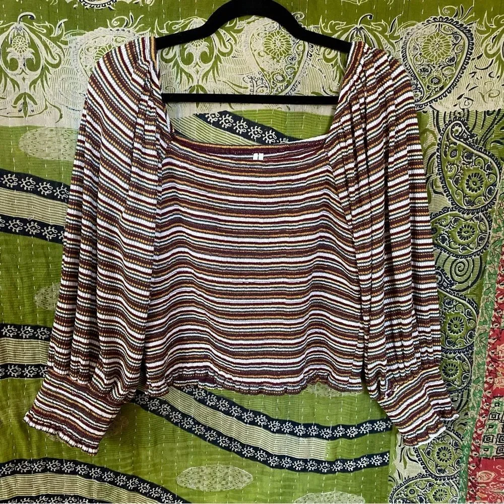 Anthropologie Multicolored Striped Smocked Puff-Sleeved Top Size Large